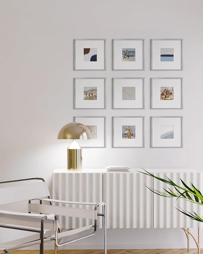 HAUS AND HUES 10x10 Silver Metal Picture Frames Matted to 5x5 - Features Premium Aluminum & Hanging Hardware, Shatterproof Plexiglass - Ideal for Home, Room, Office (10x10 in, Silver, Set of 25)
