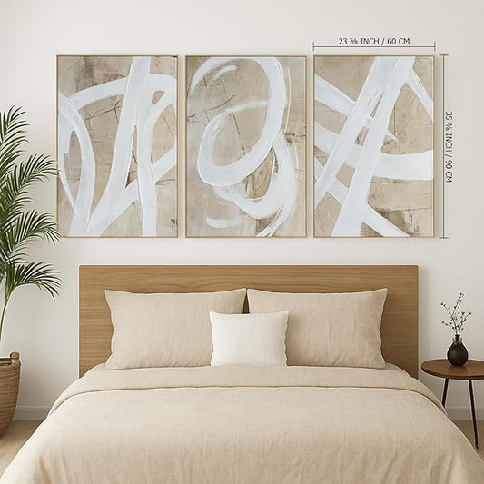 Zessonic Neutral Abstract Wall Art Minimalist White Brown Pastel Paint Strokes Shapes Textured Framed Wall Decor Large Canvas Paintings- Living Room Bedroom Office Modern Neutral 24"x36" 3 piece