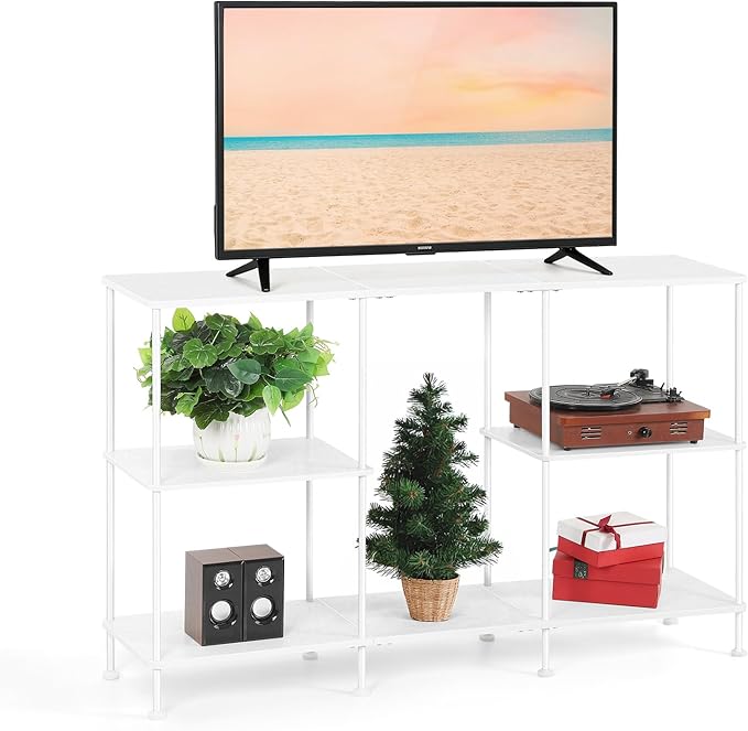 TV Stand for 50 Inch TV, White TV Stands for Living Room, 3 Tier Tall Entertainment Center with Storage Shelves, Narrow Console Table for Bedroom, Wood Media Stand TV Cabinet for Small Spaces, White