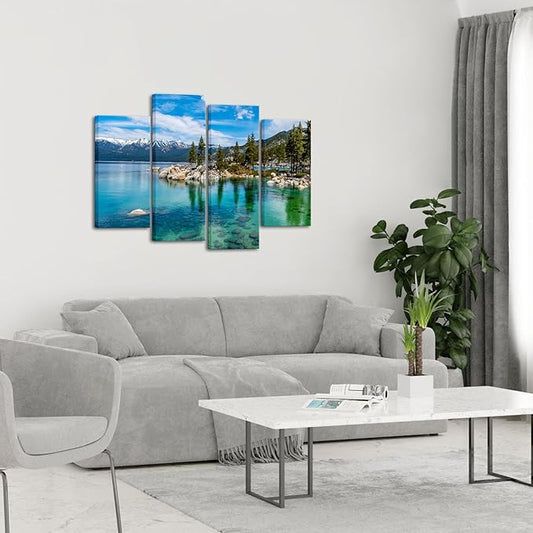 KREATIVE ARTS 4-Piece Lake Tahoe Canvas Wall Art Set - 48x33 Clear Turquoise Water & Green Mountain Forest Scenery, 3-Panel Landscape Prints for Home, Living, Dining Room Deco