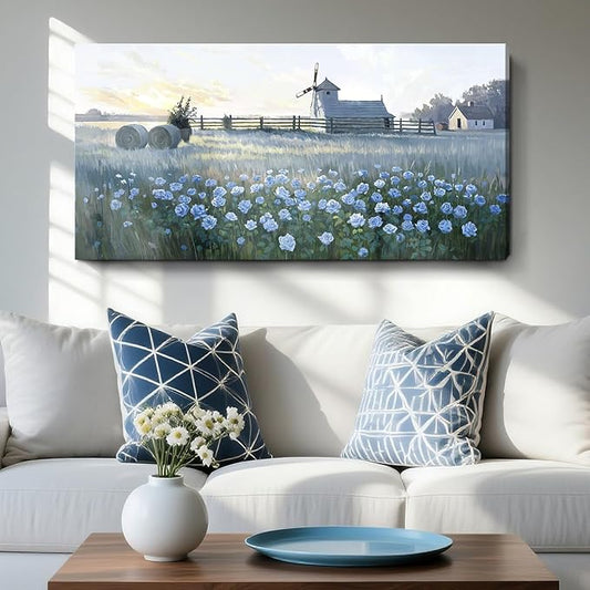 Large Framed Rustic Farmhouse Wall Art, Blue Flower Field Windmill Landscape Canvas Print, Modern Nature Country Decor Painting For Living Room Bedroom Bathroom Home Office, Ready To Hang 48X24 Inch