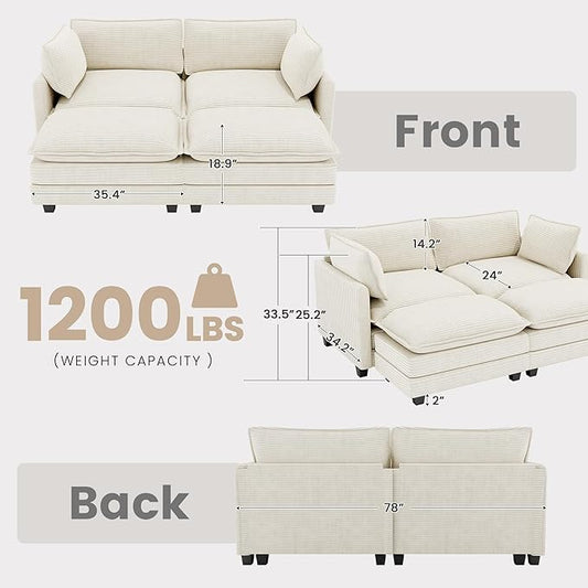 78'' Modular Sectional Cloud Couch with 2 Movable Ottoman, 4 Seat Comfy Modern Corduroy Sofa with 2 Throw Pillows, Deep Seat Sleeper Couch for Living Room Bedroom Apartment, Beige