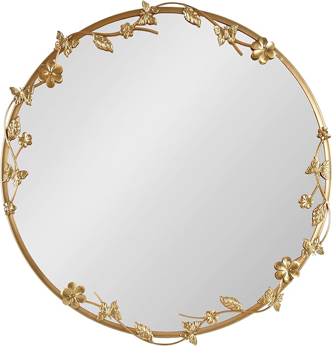 Kate and Laurel Rosella Modern Ornate Round Wall Mirror, 26 Inch Diameter, Gold, Circle Mirror with Floral Detailing for Use as Bathroom Mirror for Over Sink or Cute Dorm Room Decor