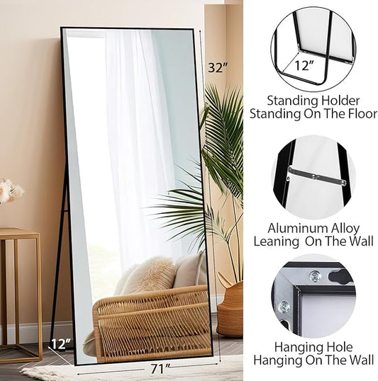 Beauty4U 71" x 32" Full Length Mirror with Stand, Large Floor Mirror for Bedroom, Wall Mounted or Leaning Full Body Mirror, HD Tempered Glass Dressing Mirror for Outfit Check & Home Decor, Black