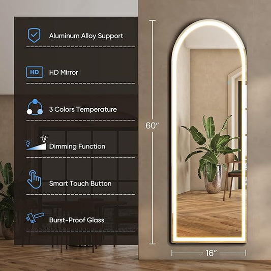 OLIXIS 20"×63" Arched LED Full Length Mirror with Lights, Standing Lighted Floor Full Body Mirror with 3 Color Lighting, Wall Mounted Mirrors for Bedroom, Bathroom, Entryway with Tempered Glass