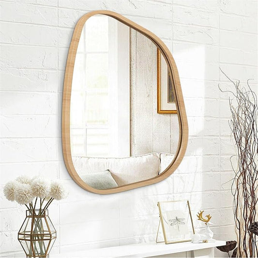 Irregular Bathroom Mirror Modern Wall Mirror Asymmetrical Wooden Framed Wall Mirror Unique Shape Wall Mounted Vanity Artistic Mirror Decor for Living Room Bedroom Entryway Large 26"x18"