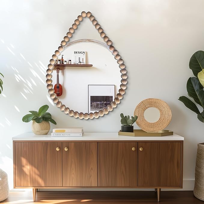 POZINO Wood Round Mirror, 28" Rustic Farmhouse Wall Hanging Mirror with Wooden Beaded Frame, Boho Circle Mirror for Bathroom Bedroom Living Room Hallway Entryway Fireplace