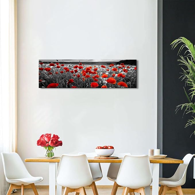 Nature Poppy Wall Art Red and Black Wall Decor Wildflower Field Landscape Picture Canvas Prints Sunrise Poppies Floral Painting Botanical Poster Artwork Living Room Bedroom Home Decorations 14x48”