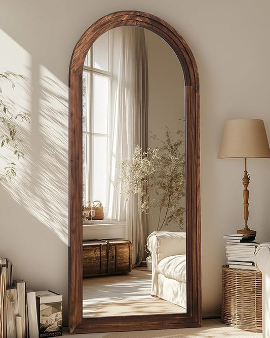Full Length Mirror, 71"x32" Wooden Mirror Full Length with Stand Wood Floor Mirror, Oversized Stand Up Mirrors Large Wall Mirrors, Wall Mounted Mirrors, Arched Wood Style, Walnut