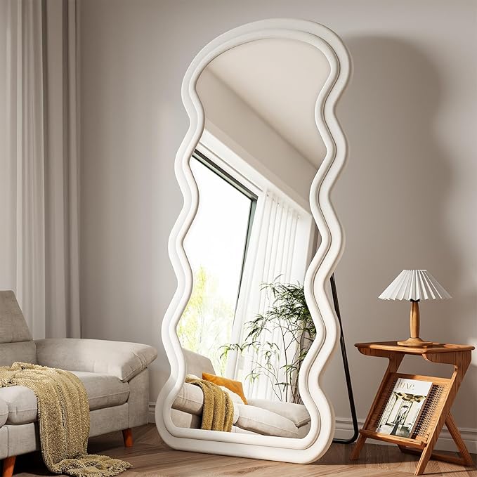 Wavy Full Length Mirror, 71"x32" Flannel Mirrors Full Length with Stand, Full Boby Mirrors for Bedroom, Living Room, Cloakroom, Hanging Leaning Wall Mirror, White