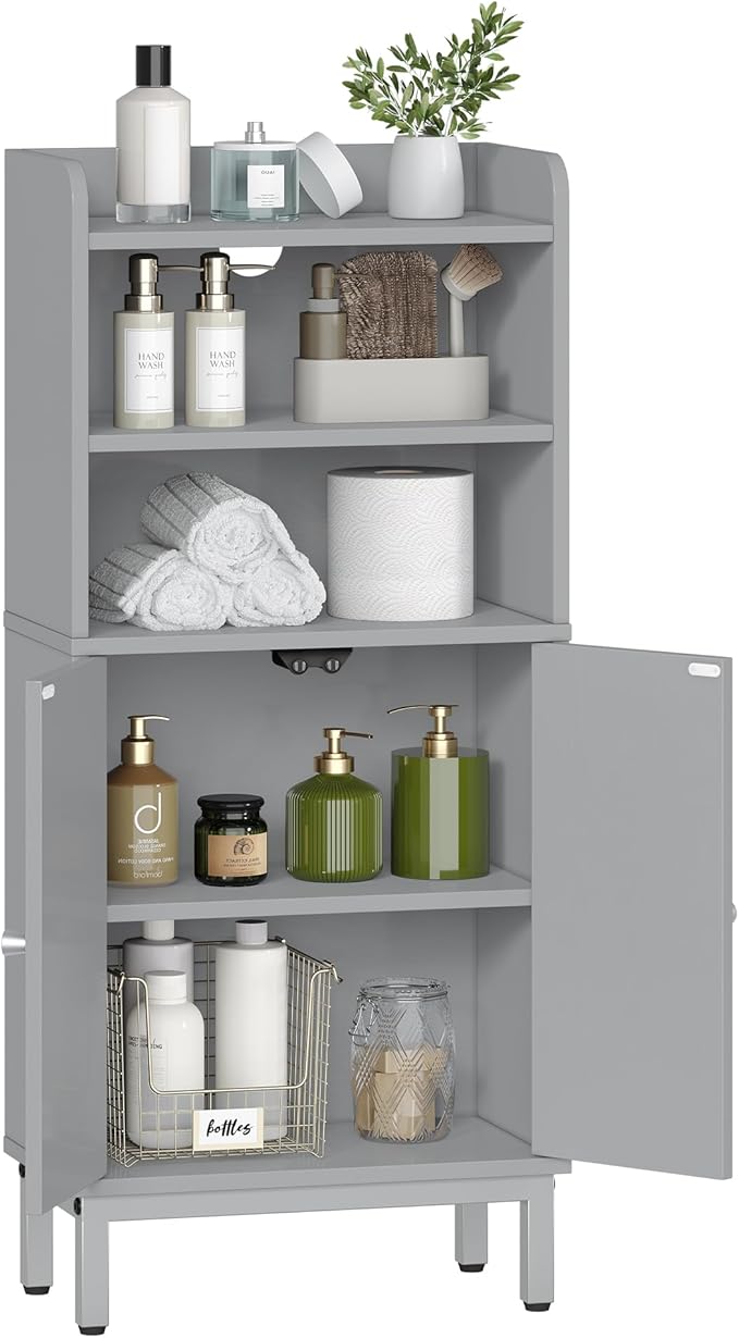Hzuaneri Bathroom Storage Cabinet, Small Floor Cabinet with 2 Door and Shelves, Toilet Paper Cabinets, Bathroom Organizer with Adjustable Shelf, for Small Spaces Gray 7.1" D x 14.6" W x 32.7" H