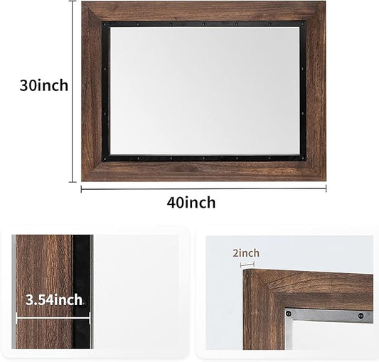 YOSHOOT Rustic Wooden Framed Wall Mirror, 40"x30", Natural Wood and Iron Bathroom Vanity Mirror for Farmhouse Decor, Vertical or Horizontal Hanging