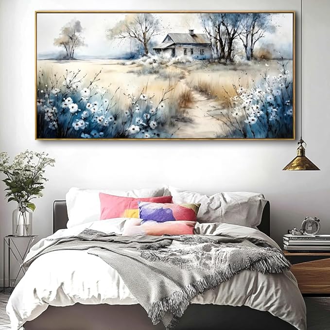 Watercolor Landscape Art Wall Art - Framed Modern Canvas Painting for Living Room, Bedroom Home Office Decor, 48x24 Inch Ready to Hang