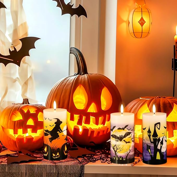 Halloween Flameless LED Candles Battery Operated with Remote and Timer, Real Wax Flickering Pillar Candles 3D Wick Dimmable Light Castle Witch Bats Halloween Decor(3 Pack, 3 x 6 Inches)