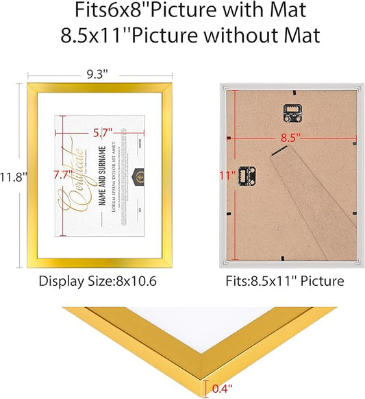 8.5x11 Picture Frame Set of 6, Certificate Document Frame, Diploma Frame, Display Pictures 6x8 with Mat or 8.5x11 Without Mat, Gold