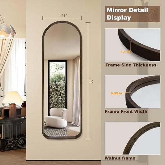 Niccy 66"×21" Wood Frame Arched Full Length Mirror, Free Standing & Wall-Mounted Mirrors, Large Body Hanging Mirror for Living Room, Explosion-Proof Decorative Vanity Mirrors for Bedroom, Black Walnut