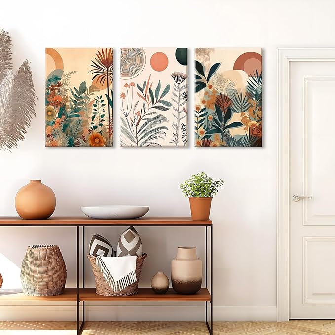 LYPHNX Framed Boho Burnt Orange Botanical Floral Canvas Wall Art Abstract Terracotta Jungle Poster Pictures Set of 3 Flower Prints Painting Home Decor for Bathroom Bedroom Living Room 12"x16"