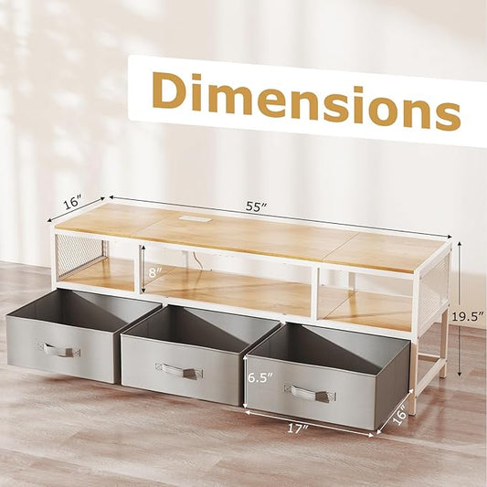 Giantex Dresser TV Stand for 65 Inch TV, Modern Entertainment Center w/Power Outlets, Open Shelf & Fabric Drawers, Television Stands, TV Console Table for Living Room Bedroom (Natural+White)