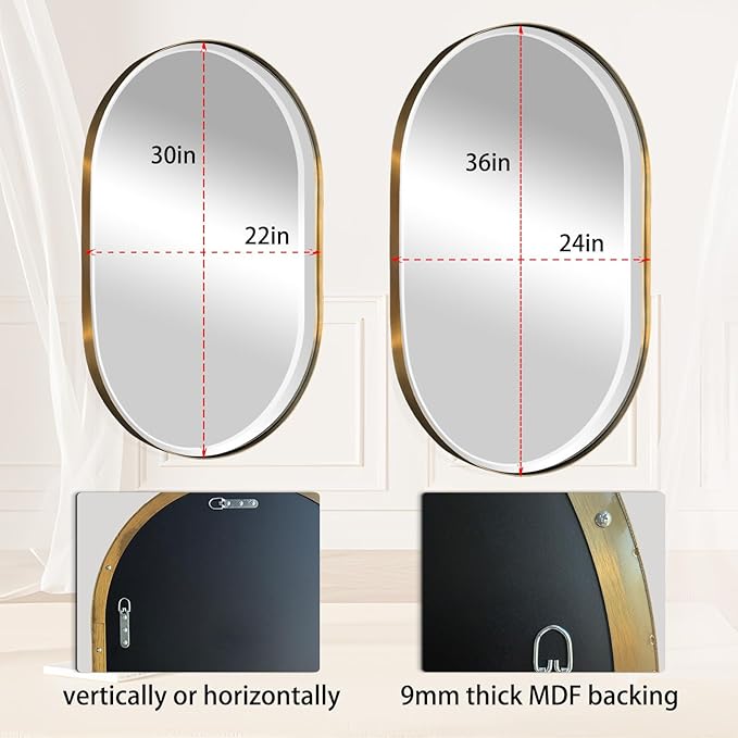 POZINO Oval Beveled Mirror, 22"x30" Brushed Gold Bathroom Vanity Mirror Over Sink, Pill Shaped Capsule Wall Mounted Mirrors for Living Room Bedroom Entryway, Hangs Vertically or Horizontally