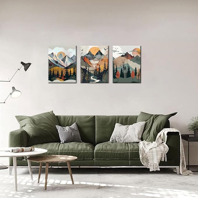Mountain Canvas Wall Art Set of 3, Boho Sun Forest Abstract Nature Landscape Artwork Wall Decor, Watercolor Posters Prints Painting Picture Artwork for Living Room Bedroom Office 12 x16 In Framed
