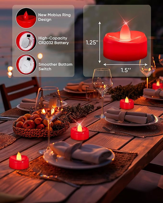 merrynights LED Candles, 24 Pack Tea Lights Candles Battery Operated, Flameless Tealight Candle, Realistic Tea Lights for Halloween Christmas Party Decor -D 1.5” x H 1.25”-Red