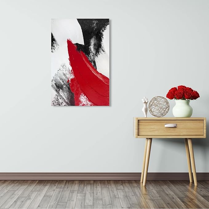 YPY Red Abstract Canvas Wall Art: Modern Minimalist Black and White Picture Hand Paint Textured Oil Painting Poster for Living Room Bedroom Bathroom Office Home Wall Decor 16x24