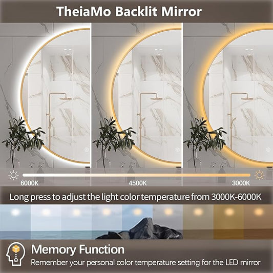 30" Round LED Bathroom Mirror, Wall Mounted Round Backlit Mirror LED Bathroom Vanity Mirror with Lights Fog Free Circle Lighted Mirror with Gold Frame, Smart Light up Mirror 3-Color