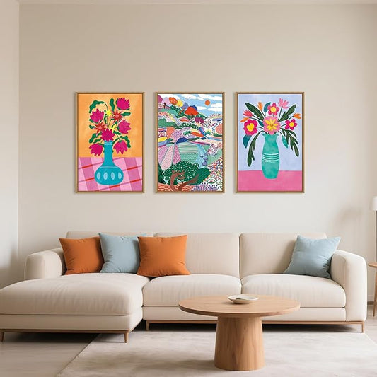 HOURIA Spring Colorful Flower Field Landscape Framed Canvas Wall Art Set,Abstract Pink Floral Vase Wall Decor,Natural Botanical Tree Artwork,Modern Sunrise Art Prints for Living Room,Farmhouse-24"x36"x3