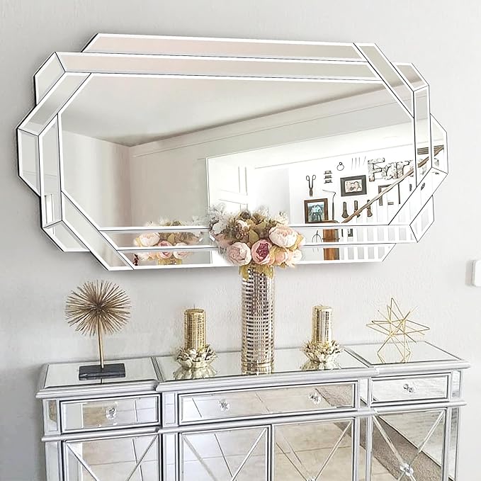 Chende 24" x 47" Large Wall Mirror for Decor, Octagonal Decorative Mirror with Beveled Edge and Glass Pieces, Large Accent Mirror for Living Room, Bedroom, Dining Room, Hallway
