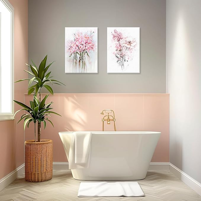 Pink Floral Canvas Wall Art, Pink Framed Wall Art, Butterfly Grey Leaf Canvas Prints, Floral Art Paintings for Bedroom, Bathroom, Office Art Prints Ready to Hang12x16 Inches.