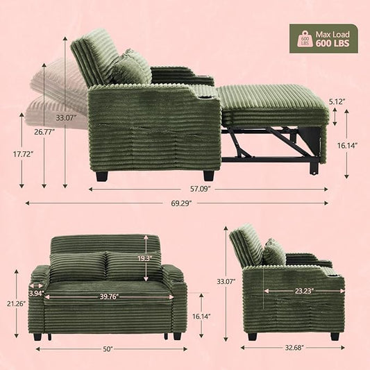VINGLI Green Futon Sofa Bed Convertible Loveseat Sleeper Sofa Couch, Corduroy Pullout Sofa Fold Out Couch Bed with USB Ports, Cup Holders, Armrest for Living Room, Bedroom Apartment Room | Lveseat Sleeper