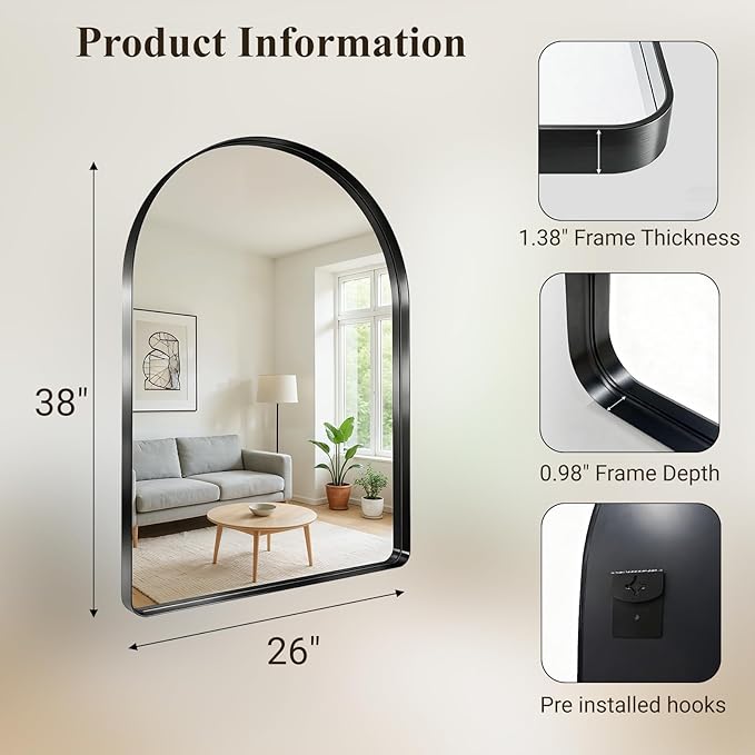 Arched Bathroom Mirror, 26"x38" Black Mirror for Wall Mounted Vanity Mirror for Over Sink with Tempered Glass, Aluminum Alloy Deep Frame, Farmhouse for Bedroom, Entryway, Living Room