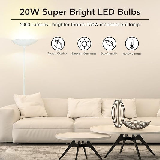 BoostArea Floor Lamp, 70.5‘’ Torchiere Standing Lamp, 20W 2000LM LED Halogen Floor Lamp,Stepless Dimmable, Touch Switch, Pole Sky Floor Lamps for Living Room, Standing Lamps for Bedroom, White