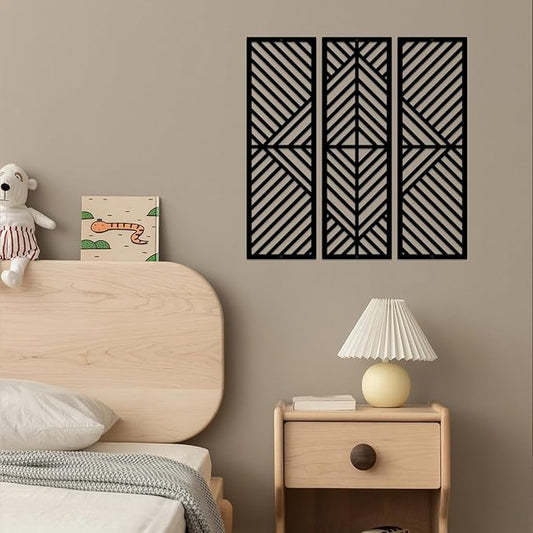 ESTART 3 Pcs Geometric Home Metal Wall Decor Vertical Abstract Minimalist Modern Black Wall Art Slatted Design Wall Hanging Sculpture for Living Room Bedroom Bathroom Office, 22 x 22 Inch
