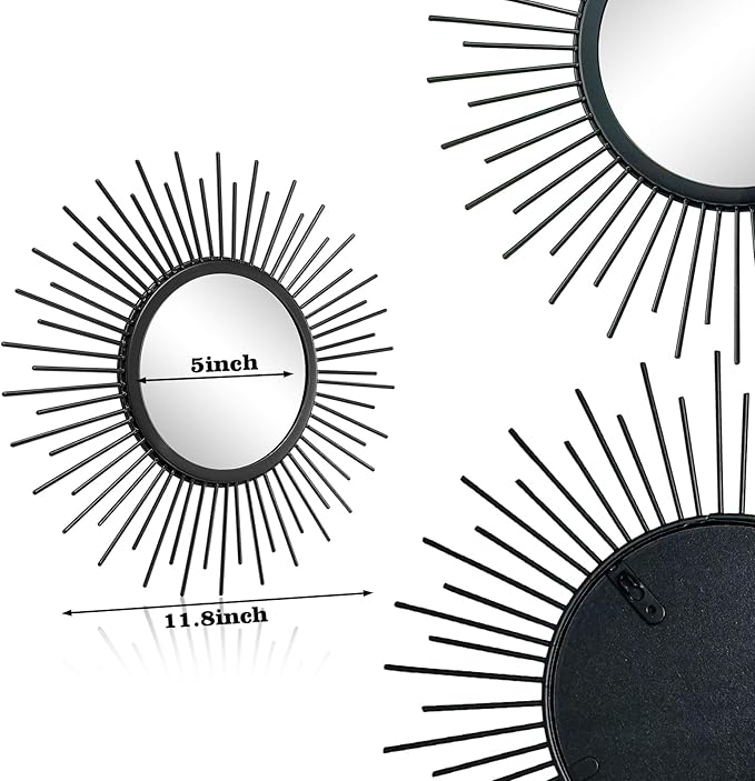 3 Set Sunburst Mirrors for Wall Decor Living Room Bedroom Bathroom Dining Room Metal Boho Sunburst Wall Mirror Set Gold Metal Vintage Circle Art Pack - Black 11.8 in