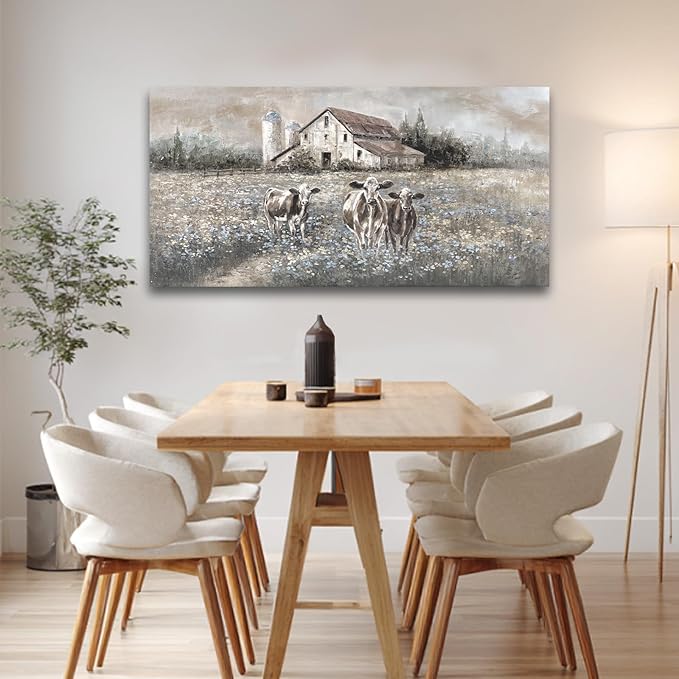 LEVERUP Farmhouse Landscape Painting, Rustic Country Barn Art,rural style decorative paintings 20x40 inch Highland cattle decor for living room bedroom