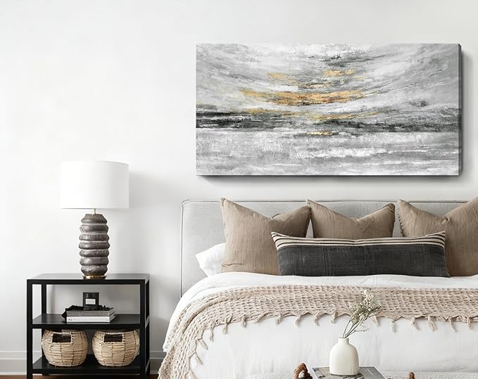 Nicetop Large 48x24 Inch Black White Gold Abstract Canvas Wall Art, Modern Coastal Ocean Art, Minimalist Wall Decor Ready to Hang for Living Room Bedroom Bathroom Office