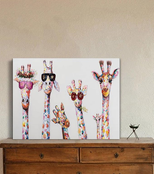5 Giraffes Wear Glasses Canvas Wall Art for Living Room Graffiti Art Canvas Framed Wall Decor Modern Home Artwork Bathroom Canvas Prints Ready to Hang 12x16 inch