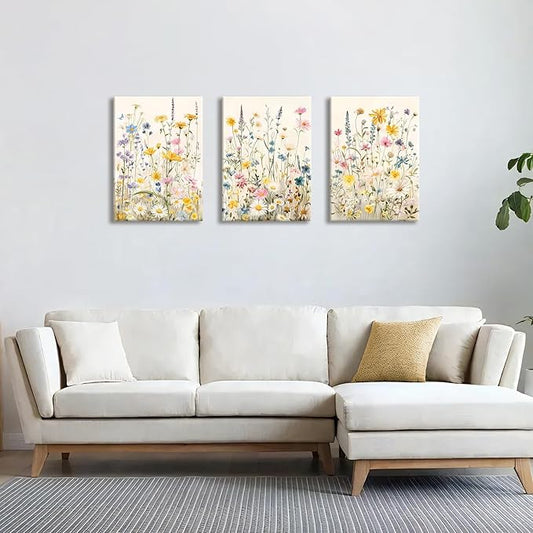 WENGTIAO 3Pcs Framed Colorful Wildflower Canvas Wall Art, Yellow Watercolors Flowers Wall Pictures Floral Canvas Prints Wall Decor Paintings for Living Room Girls Bedroom Ready to Hang 20"x28"x3