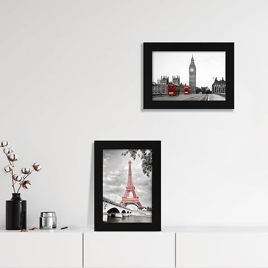 iRahmen 6x9 Picture Frame Set of 2 with HD Glass, Black Wood Photo Frames for Horizontal or Vertical Tabletop and Wall Mounting