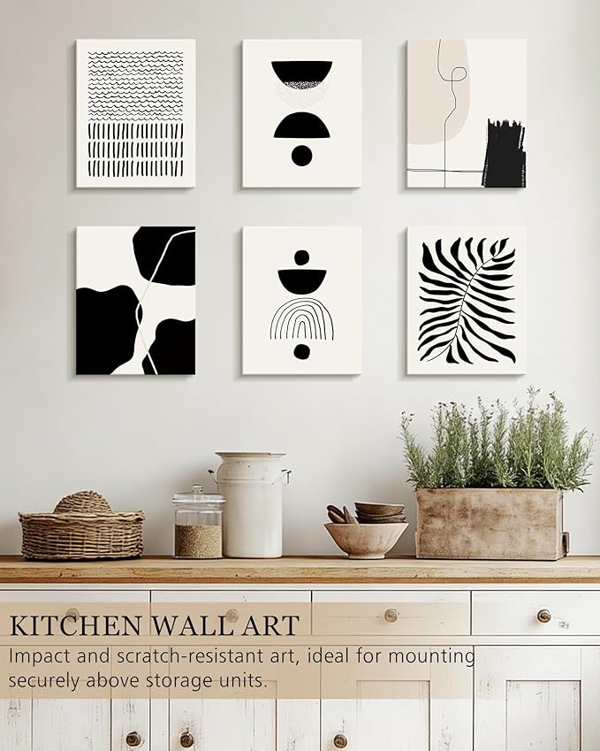 KUVIOKE Black Abstract Framed Wall Art Boho Room Decor Set of 6 Minimalist Geometric Line Art Bohemian Mid Century Modern Prints for Bedroom Living Room 8x10in (Framed)