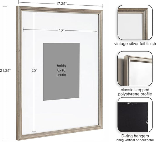 Kate and Laurel Adlynn Wall Picture Frame Set, 16" x 20" matted to 8" x 10", Warm Silver, Set of 3