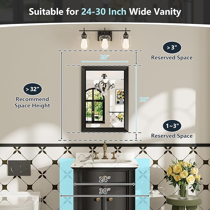 20x28 Inch Black Bathroom Mirror for Wall, Beveled Framed Rectangle Bathroom Vanity Mirrors for Over Sink, Bedroom, Living Room, Entryway, Anti-Rust, HD Tempered Glass, Horizontally/Vertically