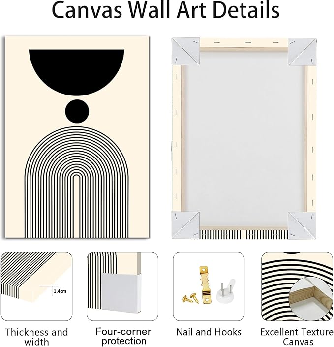 WENGTIAO 3Pcs Boho Abstract Canvas Wall Art,Neutral Minimalist Geometric Line Wall Painting Mid Century Beige Black Art Modern Prints Bohemian Home Decor for Bedroom Living Room Hallway Office 12"X16"x3