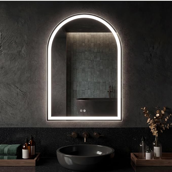 DUMOS 24"×36" LED Bathroom Mirror with Lights, Arched Vanity Mirror with Anti-Fog, Dimmable, 3-Color Light, Memory Function, Front Light and Backlit, Tempered Glass