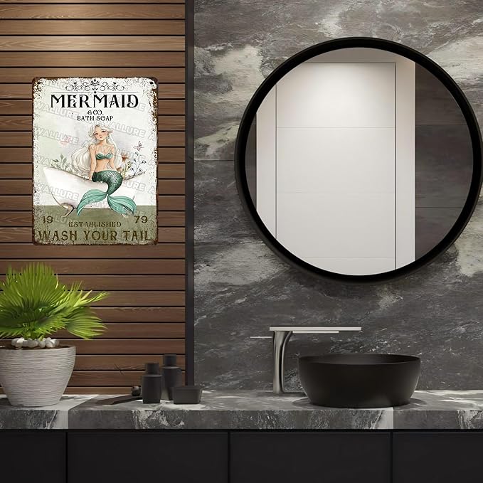 Mermaid Bathroom Decor Tin Sign Metal Wall Art for Seaside Bath & Shower Waterproof 12x16 Inch