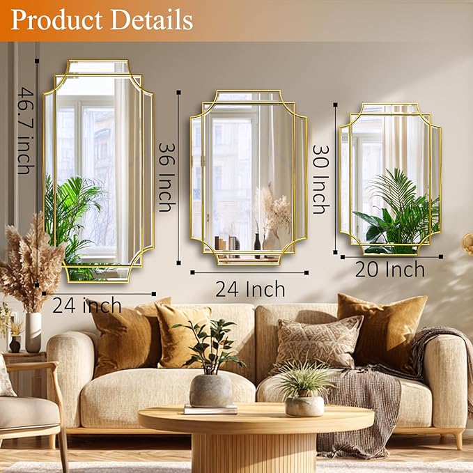 36 * 24 Beveled Gold Rectangular Mirror for Wall, Traditional Art Decorative Vanity Mirror for Bathroom Living Room Bedroom Kitchen Entrance