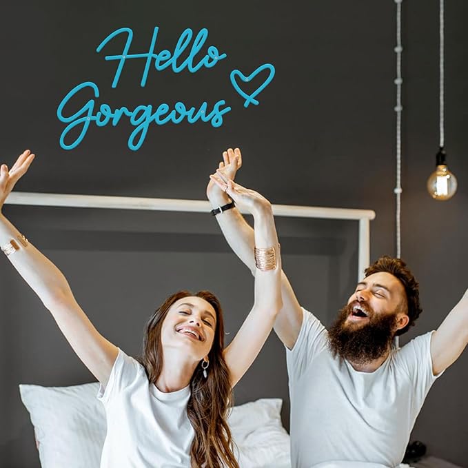 Hello Gorgeous Metal Wall Art Decor Black Modern Hello Gorgeous Signs Farmhouse Metal Wall Art Hanging Decoration for Home Bathroom Living Room Bedroom Office Hotel Wall Decoration (Blue)