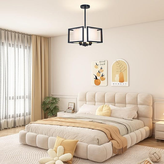 FRIDEKO HOME Flush Mount Ceiling Light Fixture - 3-Light Modern Semi Flush Mount Ceiling Light with Fabric Shade Black Metal Frame Drum Ceiling Lights for Bedroom Hallway Kitchen Living Room Entryway