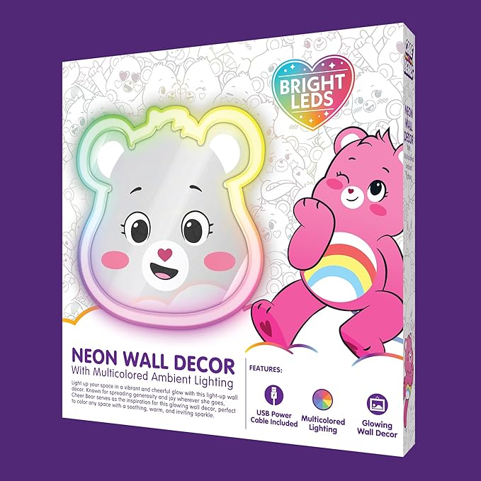 Care Bears Neon Wall Decor with Multicolored Ambient Lighting – USB Powered LED Light for Kids' Room Decor – Cheer Bear Character, Rainbow Glow – Perfect for Bedrooms, Nurseries, and Playrooms
